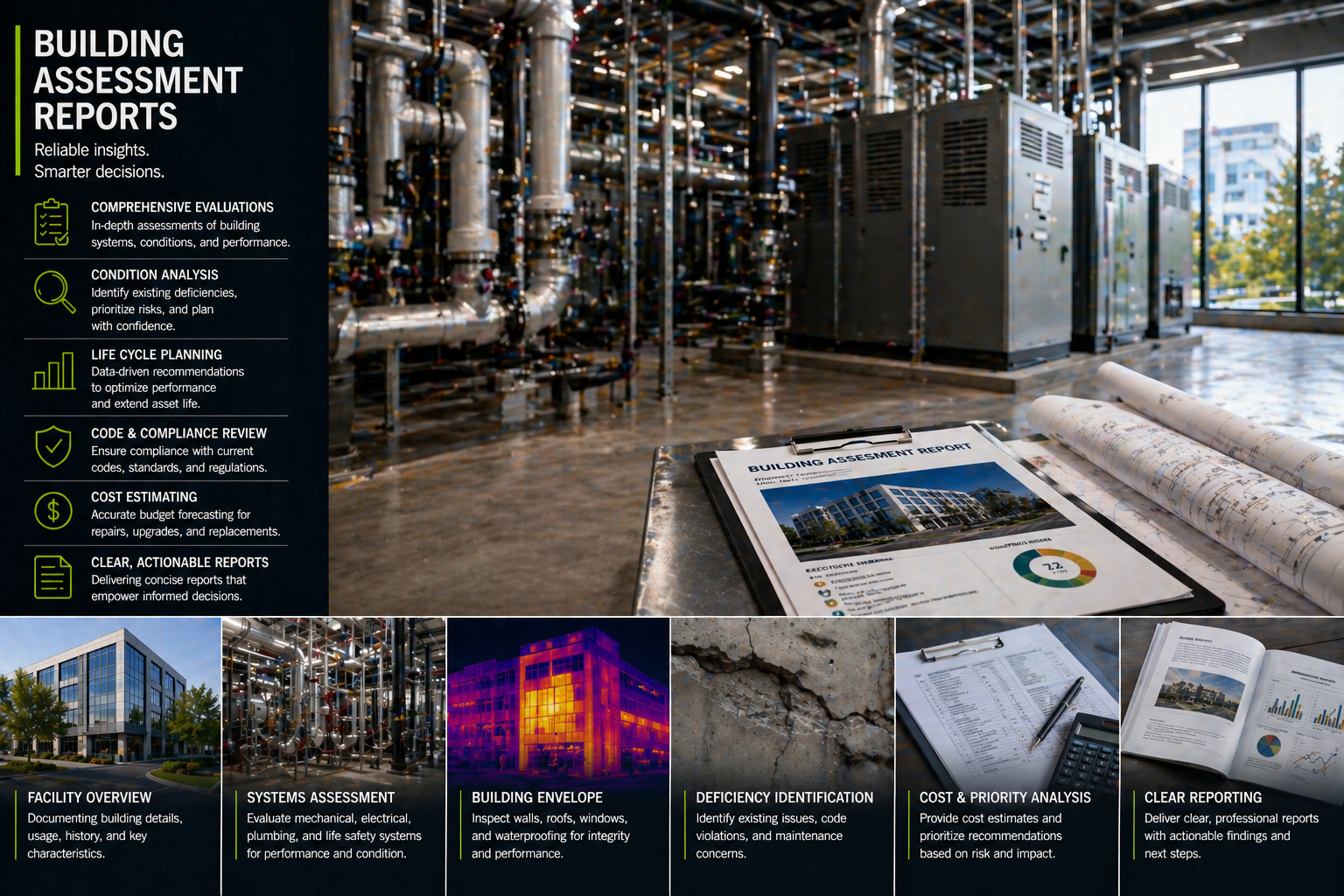 Design and Engineering Works showing building assessment reports with industrial infrastructure systems.
