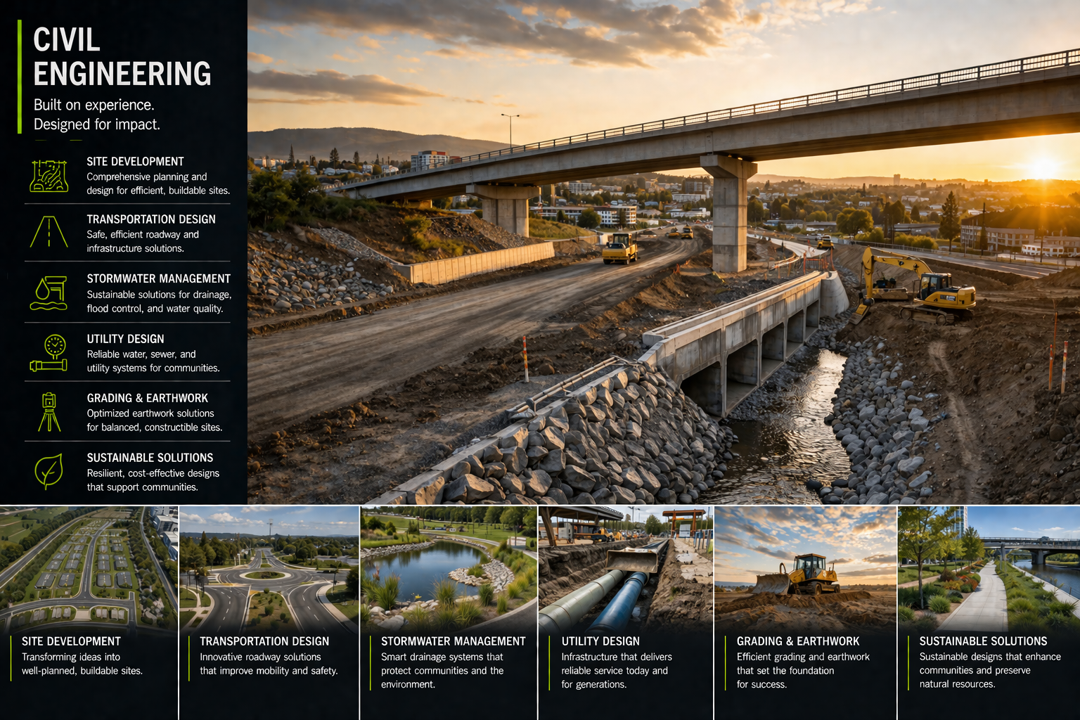 Civil Engineering design works showcase infrastructure bridge construction site with equipment