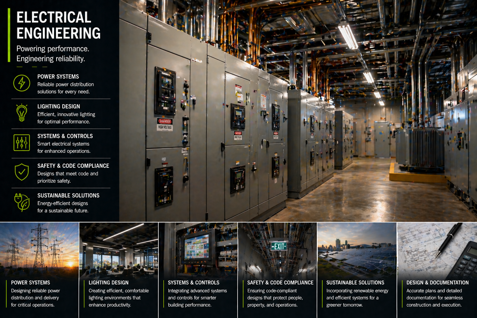 Electrical Engineering Design Works featuring industrial power systems, lighting, controls, and safety compliance solutions