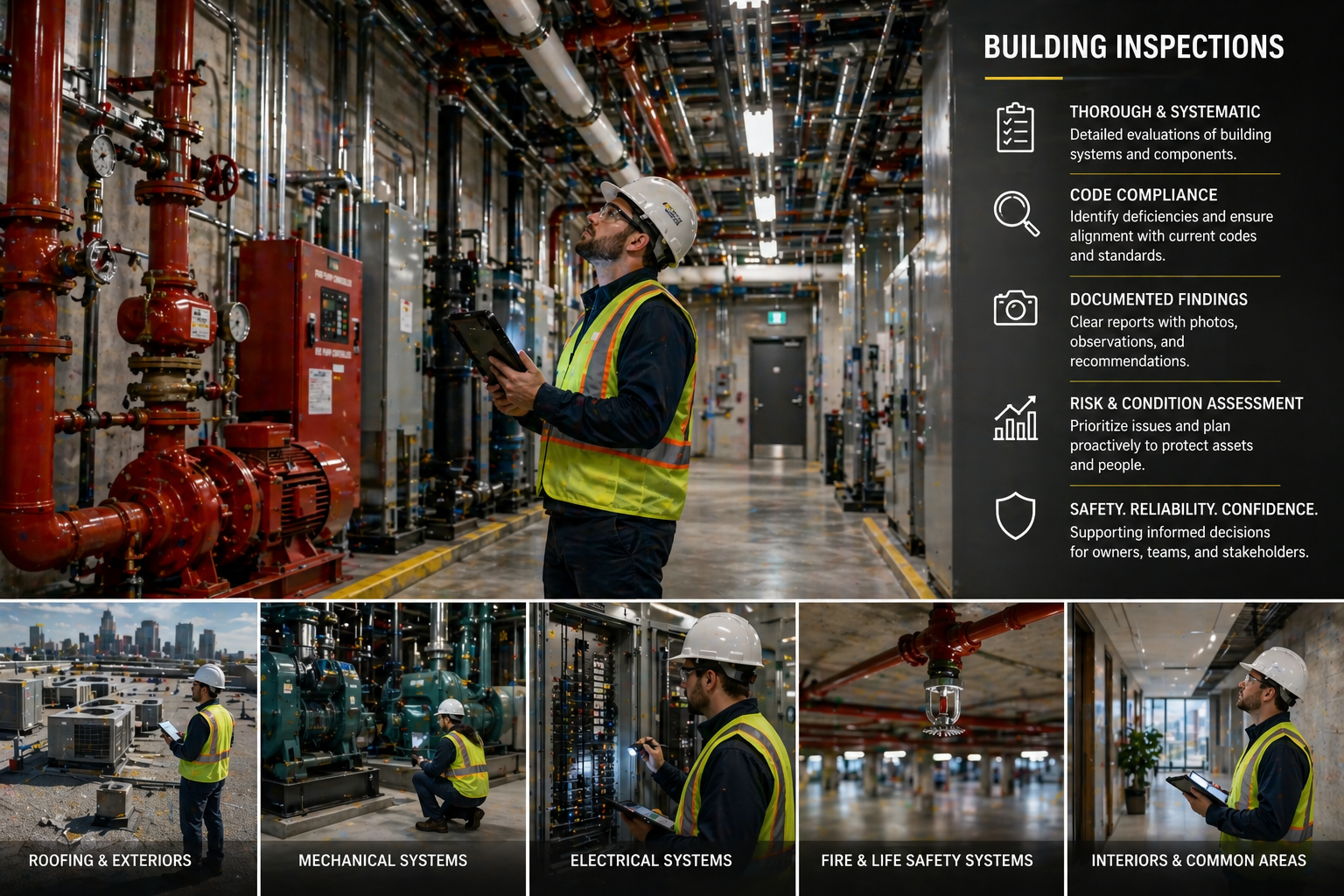 Engineering design works for comprehensive building inspections across mechanical and safety systems.