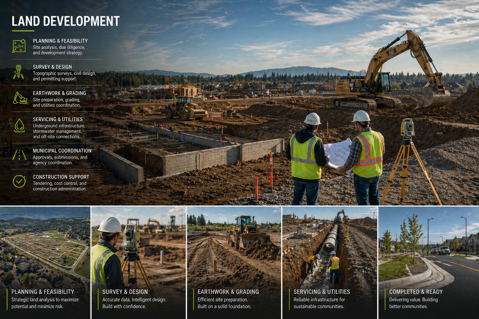 Land Development Design Works showing Engineering services including survey, grading, and utilities coordination