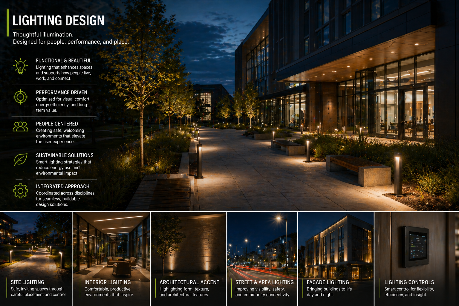 Thoughtful lighting design works showcase modern engineering for urban spaces and buildings.