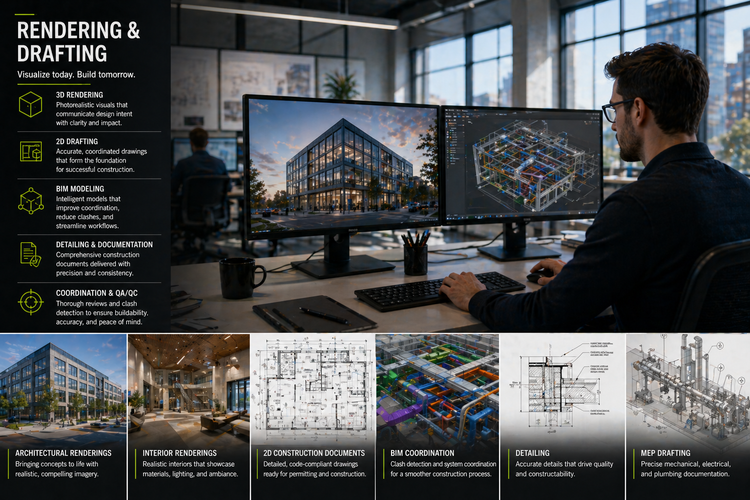 Design and Engineering Works: architect using CAD software for 3D rendering and drafting visualization