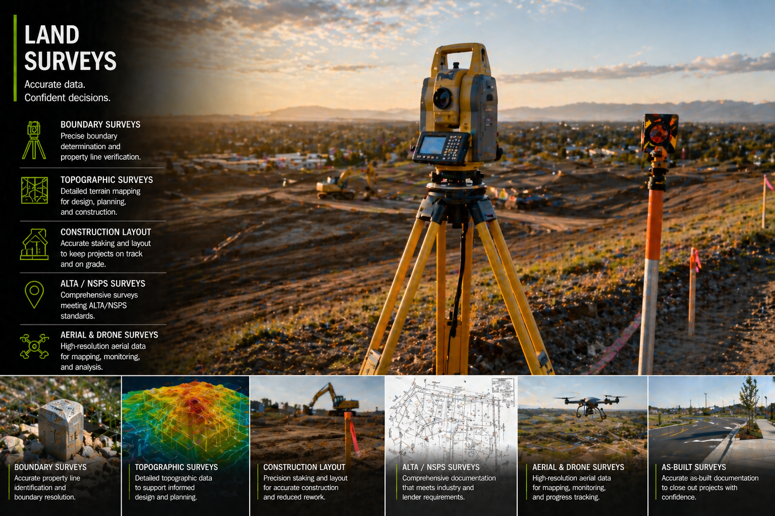 Land Surveys Engineering Design Works with topographic equipment and construction tools